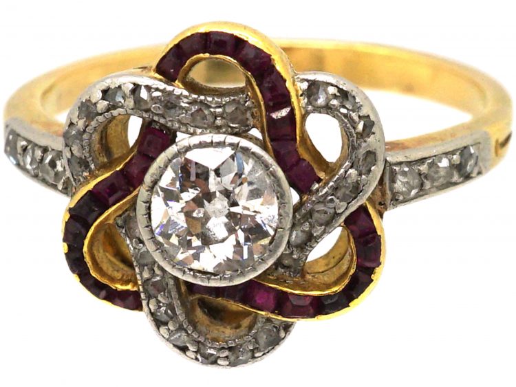 Early 20th Century French Import 18ct Gold Cluster Swirl Ring set with Diamonds & Rubies