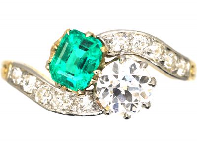 Edwardian 18ct Gold & Platinum, Emerald & Diamond Crossover Ring with Diamond Set Shoulders