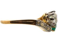 Edwardian 18ct Gold & Platinum, Emerald & Diamond Crossover Ring with Diamond Set Shoulders