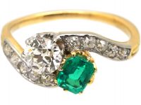 Edwardian 18ct Gold & Platinum, Emerald & Diamond Crossover Ring with Diamond Set Shoulders
