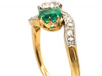Edwardian 18ct Gold & Platinum, Emerald & Diamond Crossover Ring with Diamond Set Shoulders