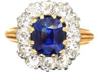 French Belle Epoque 18ct Gold & Platinum, Large Sapphire & Diamond Cluster Ring