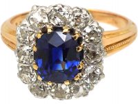 French Belle Epoque 18ct Gold & Platinum, Large Sapphire & Diamond Cluster Ring
