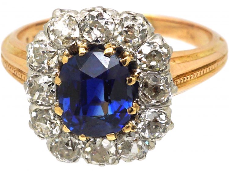 French Belle Epoque 18ct Gold & Platinum, Large Sapphire & Diamond Cluster Ring