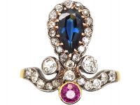 Early 20th Century 18ct Gold Tiara Ring set with a Sapphire, Ruby & Diamonds