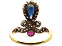Early 20th Century 18ct Gold Tiara Ring set with a Sapphire, Ruby & Diamonds
