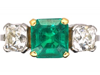 Retro Platinum & 18ct Gold, Three Stone Emerald & Diamond Ring