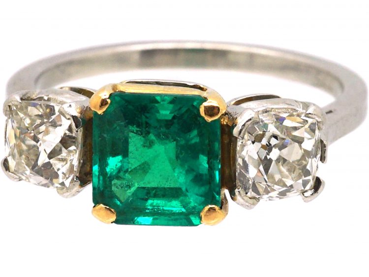 Retro Platinum & 18ct Gold, Three Stone Emerald & Diamond Ring