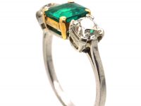 Retro Platinum & 18ct Gold, Three Stone Emerald & Diamond Ring