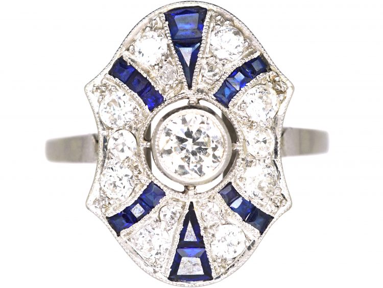 Art Deco Platinum, Sapphire & Diamond Sun Ray Ring
