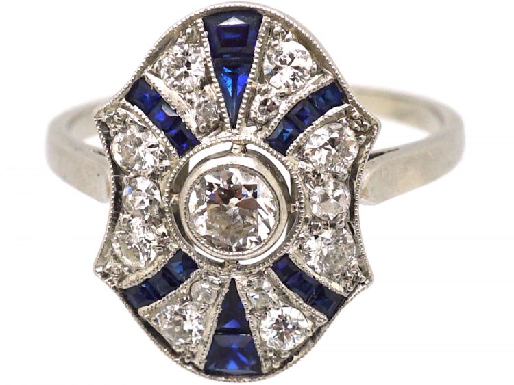 Art Deco Platinum, Sapphire & Diamond Sun Ray Ring