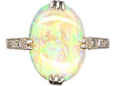 Art Deco 18ct Gold & Platinum, Opal Ring with Diamond Set Shoulders