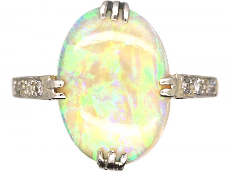 Art Deco 18ct Gold & Platinum, Opal Ring with Diamond Set Shoulders