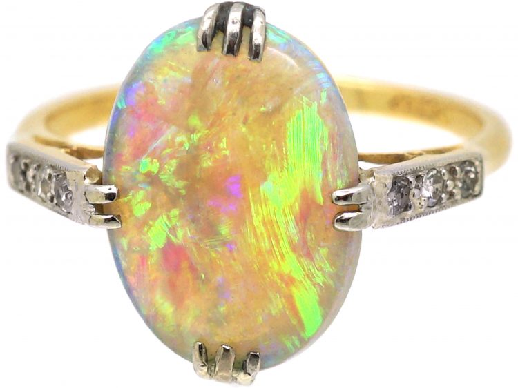 Art Deco 18ct Gold & Platinum, Opal Ring with Diamond Set Shoulders