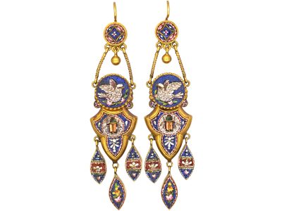 19th Century 18ct Gold Micro Mosaic Drop Earrings with Dove & Scarab Motifs