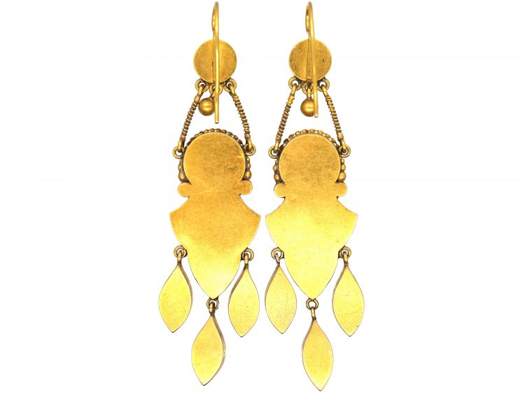 19th Century 18ct Gold Micro Mosaic Drop Earrings with Dove & Scarab Motifs