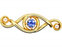 Edwardian 18ct Gold Twist Brooch set with a Sapphire & Two Diamonds