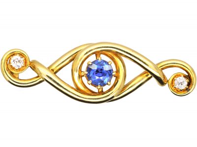 Edwardian 18ct Gold Twist Brooch set with a Sapphire & Two Diamonds
