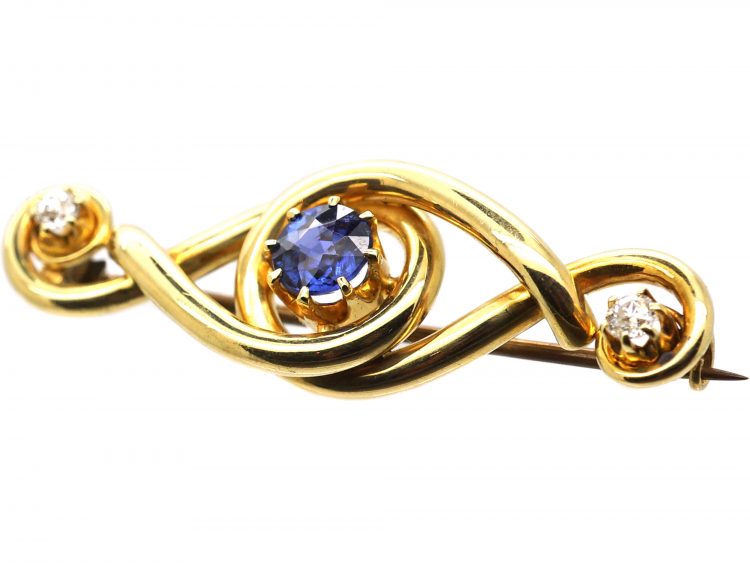 Edwardian 18ct Gold Twist Brooch set with a Sapphire & Two Diamonds