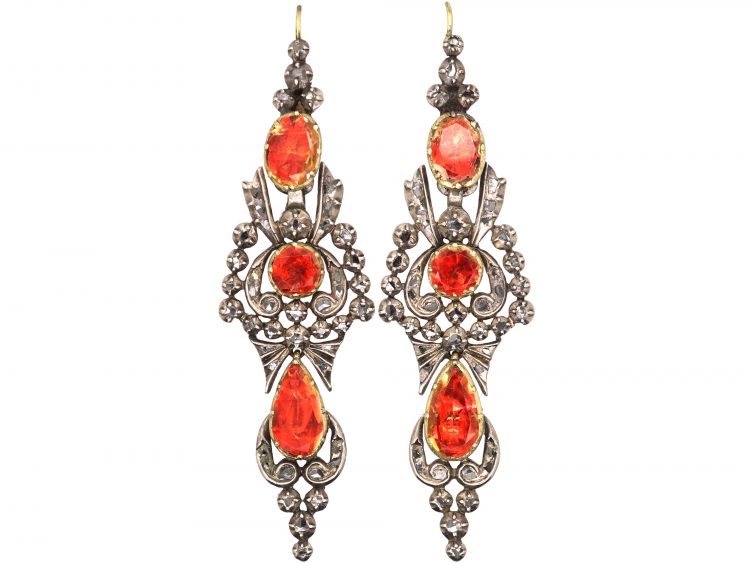 18th Century Iberian Foiled Topaz & Diamond Long Drop Earrings