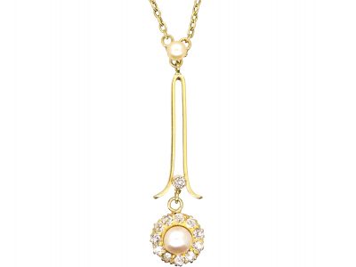 Edwardian 15ct Gold Natural Pearl & Diamond Cluster Pendant on Chain