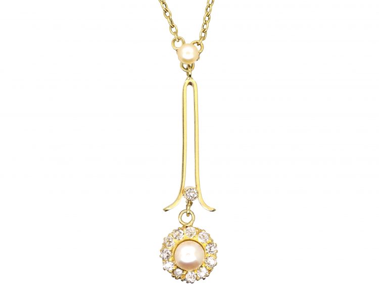 Edwardian 15ct Gold Natural Pearl & Diamond Cluster Pendant on Chain