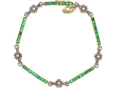 French Early 20th Century Emerald & Diamond Flowers Bracelet