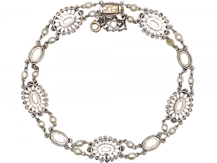 Early 20th Century French Import Platinum, Natural Pearl & Diamond Bracelet