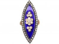 Georgian Navette Shaped Bague Au Firmament Ring set with Rose Diamonds & Blue Enamel