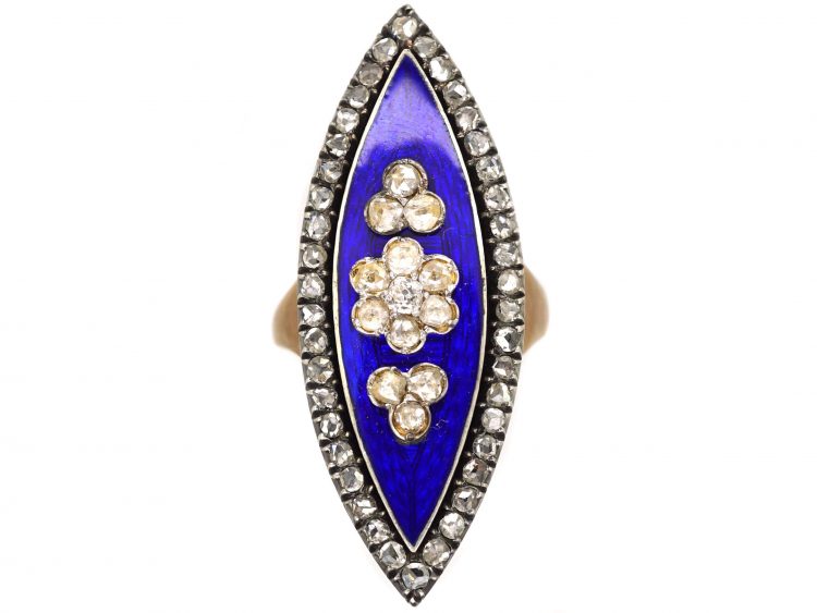 Georgian Navette Shaped Bague Au Firmament Ring set with Rose Diamonds & Blue Enamel
