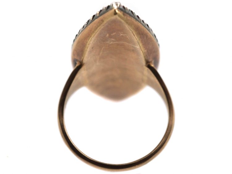 Georgian Navette Shaped Bague Au Firmament Ring set with Rose Diamonds & Blue Enamel