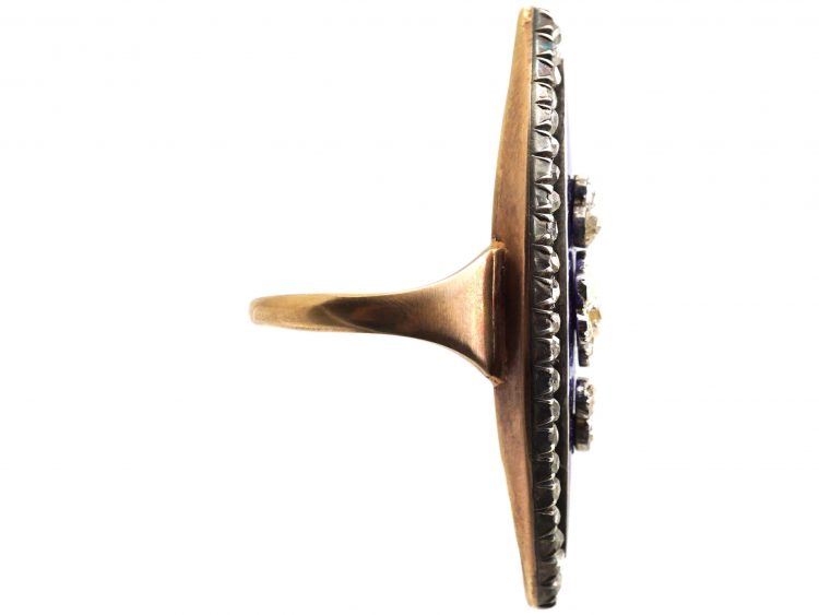 Georgian Navette Shaped Bague Au Firmament Ring set with Rose Diamonds & Blue Enamel