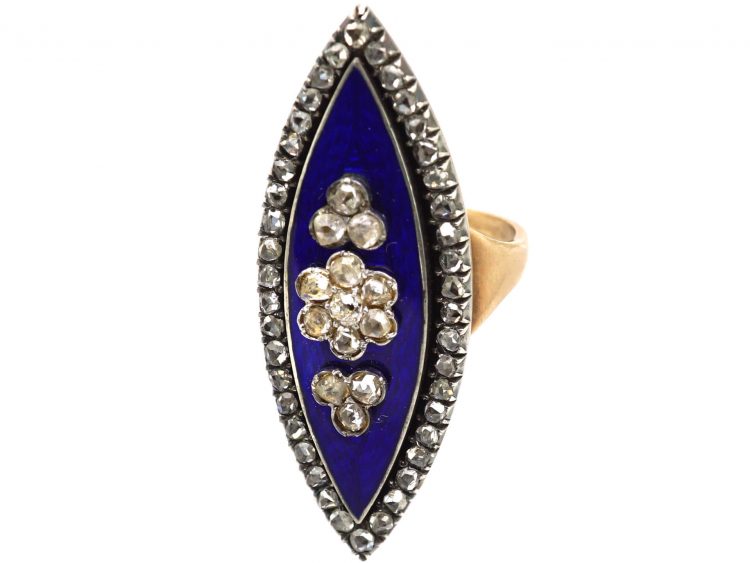 Georgian Navette Shaped Bague Au Firmament Ring set with Rose Diamonds & Blue Enamel