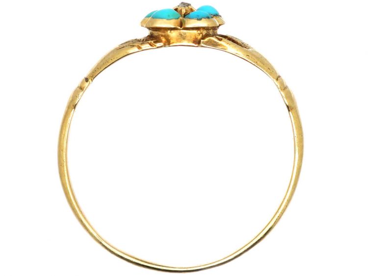 Regency 15ct Gold Fede Ring with Turquoise & Rose Diamond Set Forget Me Not Flower