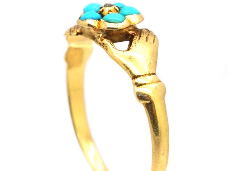 Regency 15ct Gold Fede Ring with Turquoise & Rose Diamond Set Forget Me Not Flower