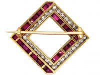 French Art Deco 18ct Gold & Platinum, Ruby & Diamond Tilted Square Brooch