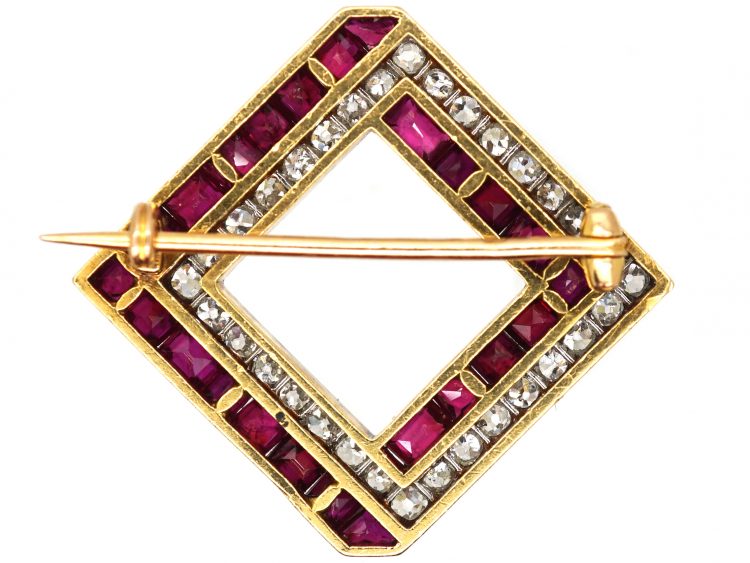 French Art Deco 18ct Gold & Platinum, Ruby & Diamond Tilted Square Brooch