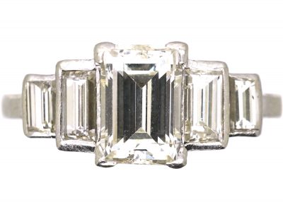 Art Deco Platinum, Five Stone Rectangular Cut & Baguette Cut Diamond Ring