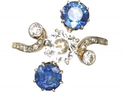 Art Nouveau French Import 18ct Gold & Platinum, Diamond & Sapphire Three Stone Ring