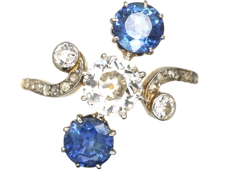 Art Nouveau French Import 18ct Gold & Platinum, Diamond & Sapphire Three Stone Ring
