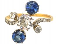 Art Nouveau French Import 18ct Gold & Platinum, Diamond & Sapphire Three Stone Ring