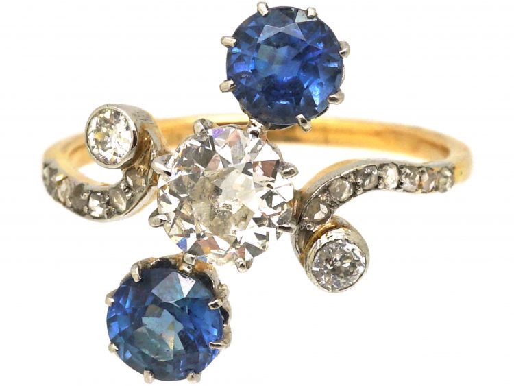 Art Nouveau French Import 18ct Gold & Platinum, Diamond & Sapphire Three Stone Ring