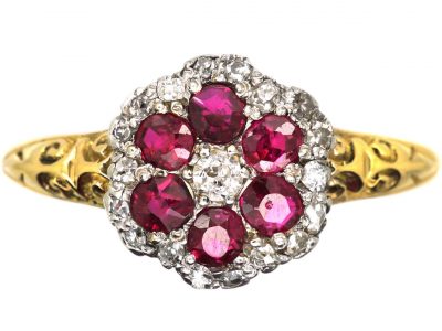 Edwardian 18ct Gold, Ruby & Diamond Cluster Ring with Ornate Shoulders
