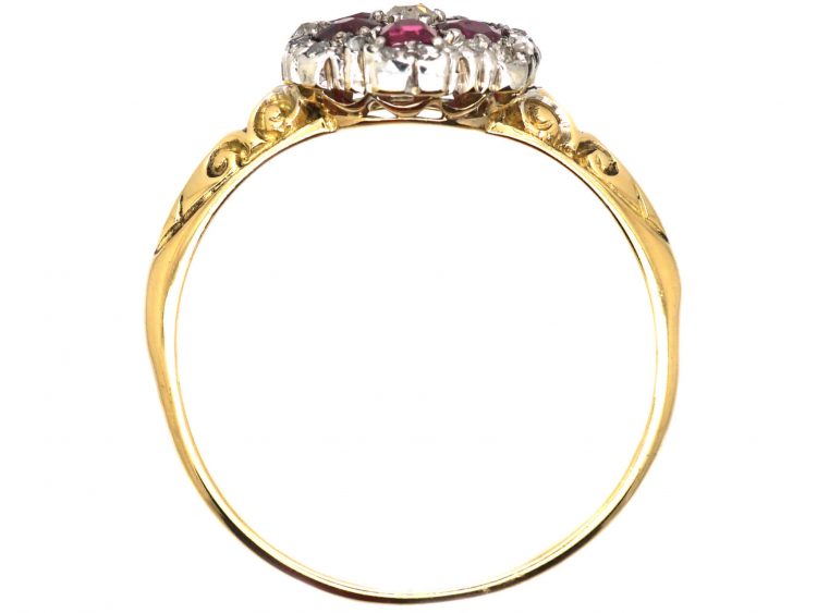 Edwardian 18ct Gold, Ruby & Diamond Cluster Ring with Ornate Shoulders
