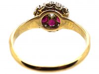 Edwardian 18ct Gold, Ruby & Diamond Cluster Ring with Ornate Shoulders