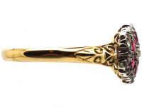 Edwardian 18ct Gold, Ruby & Diamond Cluster Ring with Ornate Shoulders