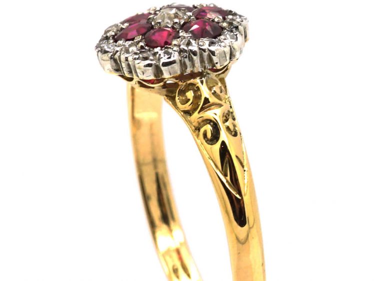 Edwardian 18ct Gold, Ruby & Diamond Cluster Ring with Ornate Shoulders