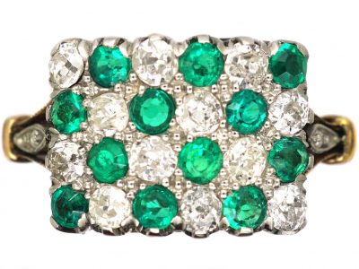 Edwardian 18ct Gold & Platinum, Chequerboard Ring set with Emeralds & Diamonds