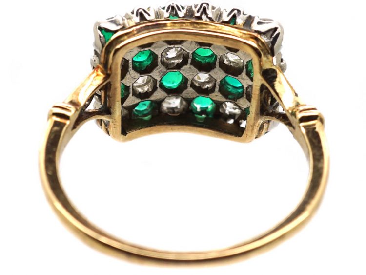Edwardian 18ct Gold & Platinum, Chequerboard Ring set with Emeralds & Diamonds