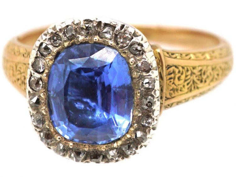Early 20th Century 18ct Gold & Platinum, Sapphire & Diamond Cluster Ring with Ornate Shoulders